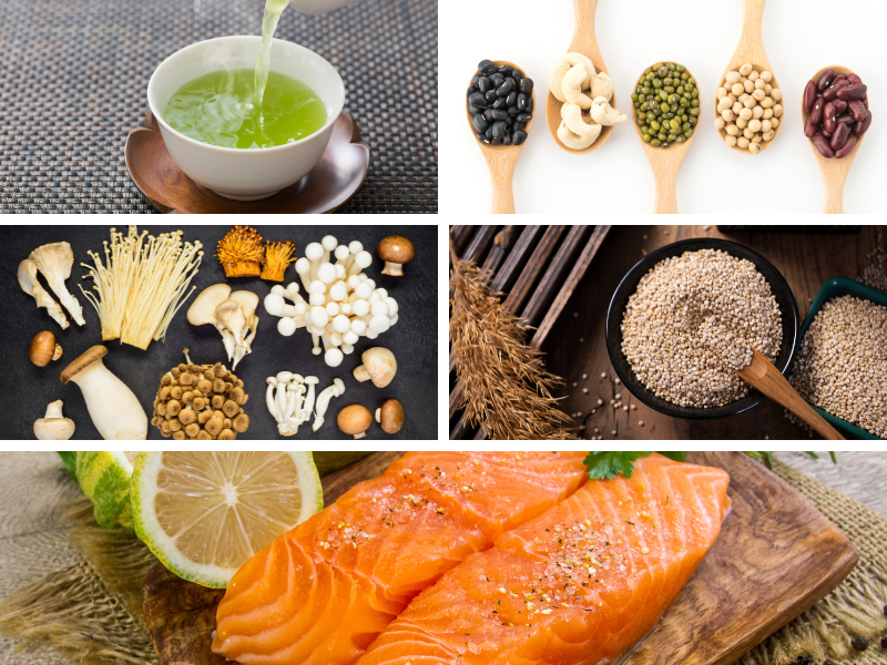 超級食物有：綠茶、豆類、菇類、古代穀物、鮭魚